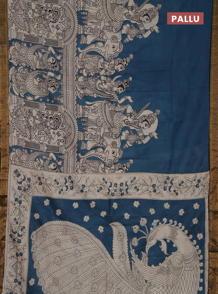 Kalamkari semi silk saree peacock blue and black with allover prints and zari woven border