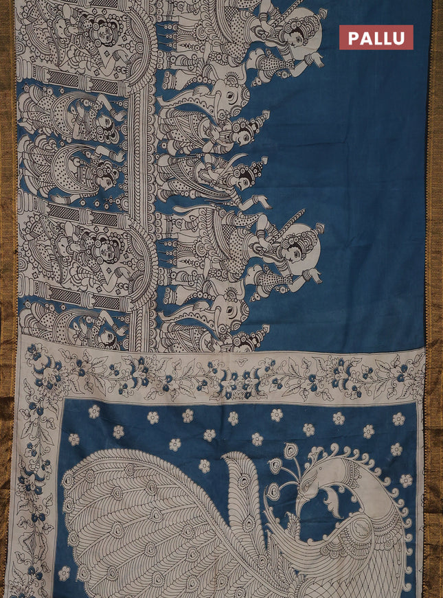 Kalamkari semi silk saree peacock blue and black with allover prints and zari woven border