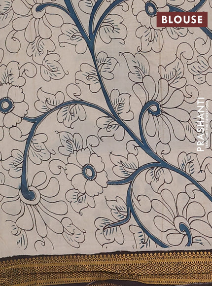 Kalamkari semi silk saree peacock blue and black with allover prints and zari woven border