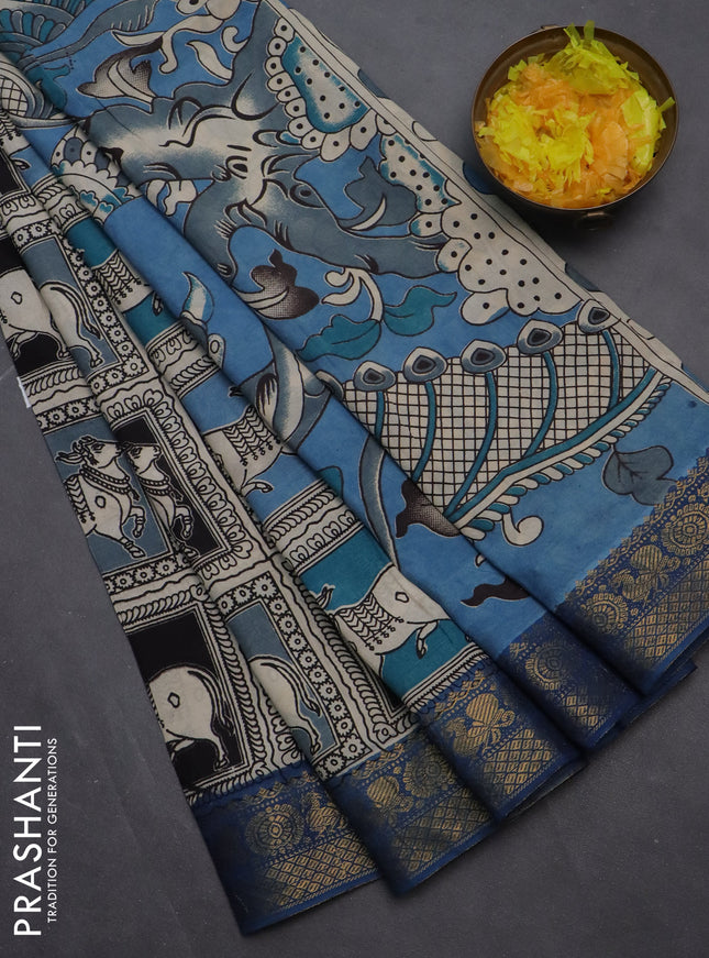 Kalamkari semi silk saree beige multi colour and blue with allover prints and zari woven border