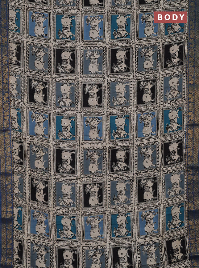 Kalamkari semi silk saree beige multi colour and blue with allover prints and zari woven border