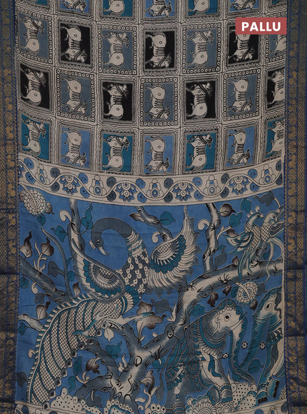 Kalamkari semi silk saree beige multi colour and blue with allover prints and zari woven border