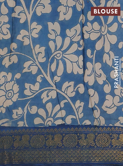 Kalamkari semi silk saree beige multi colour and blue with allover prints and zari woven border
