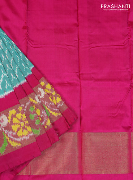 Ikat silk kids lehenga teal blue and pink with allover ikat weaves and long ikat woven zari border