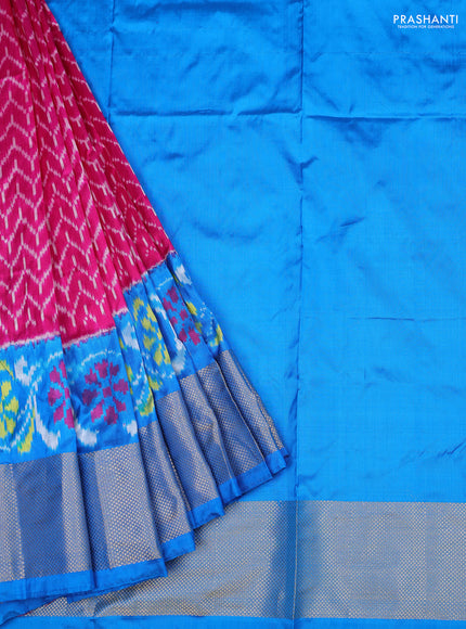 Ikat silk kids lehenga pink and cs blue with allover ikat weaves and long ikat woven zari border