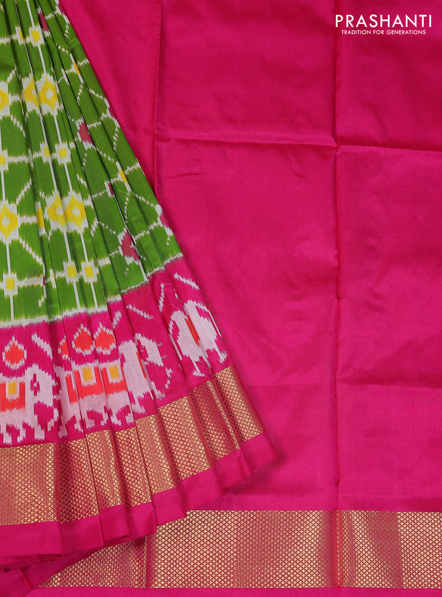 Ikat silk kids lehenga light green and pink with allover ikat weaves and long ikat woven zari border