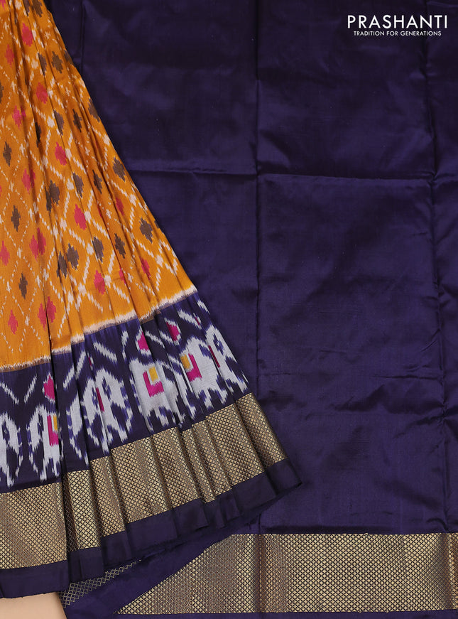 Ikat silk kids lehenga mustard yellow and navy blue with allover ikat weaves and long ikat woven zari border