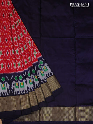 Ikat silk kids lehenga red and navy blue with allover ikat weaves and long ikat woven zari border
