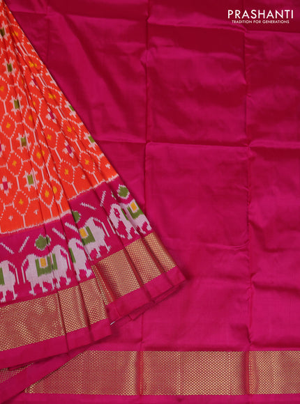 Ikat silk kids lehenga orange and pink with allover ikat weaves and long ikat woven zari border