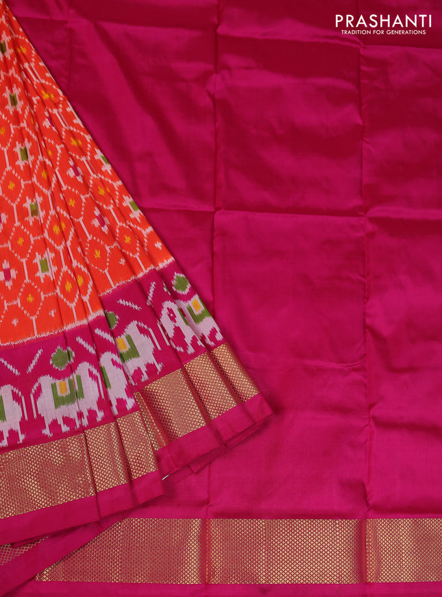 Ikat silk kids lehenga orange and pink with allover ikat weaves and long ikat woven zari border