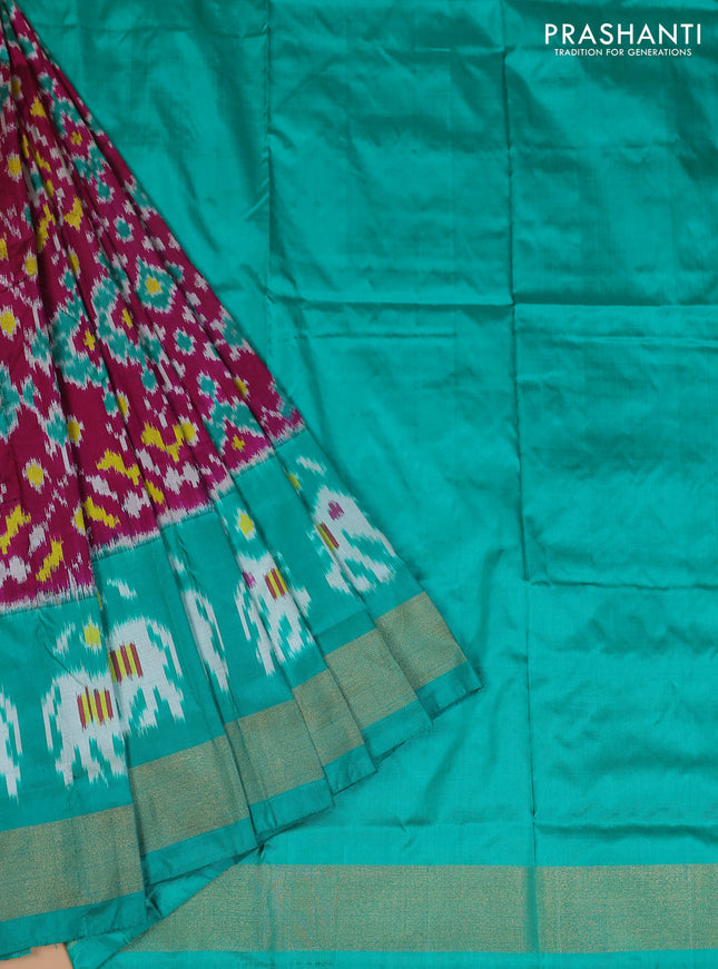 Ikat silk kids lehenga magenta pink and teal green with allover ikat weaves and long ikat woven zari border