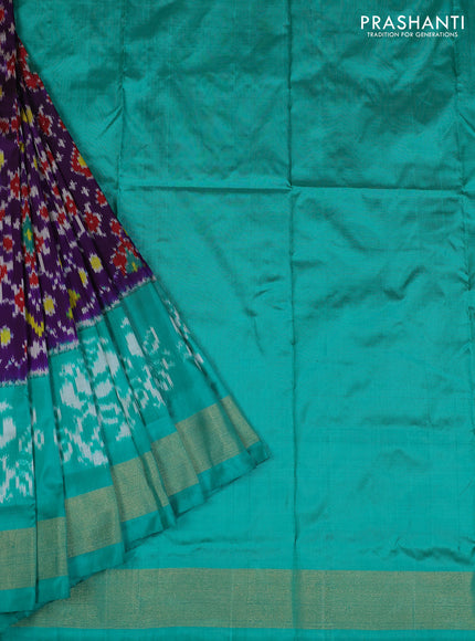 Ikat silk kids lehenga violet and teal blue with allover ikat weaves and long ikat woven zari border