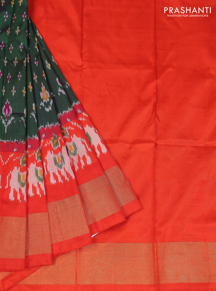Ikat silk kids lehenga dual shade of green and orange with allover ikat butta weaves and long ikat woven zari border