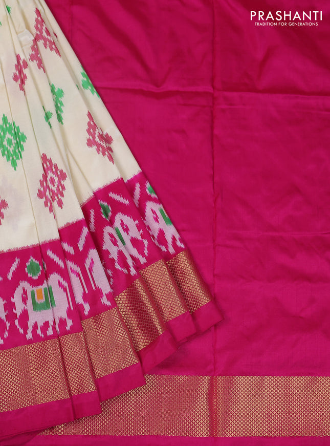 Ikat silk kids lehenga off white and pink with allover ikat butta weaves and long ikat woven zari border