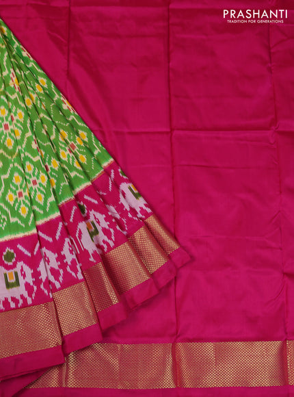 Ikat silk kids lehenga light green and pink with allover ikat butta weaves and long ikat woven zari border