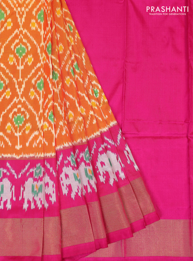 Ikat silk kids lehenga orange and pink with allover ikat weaves and long ikat woven zari border