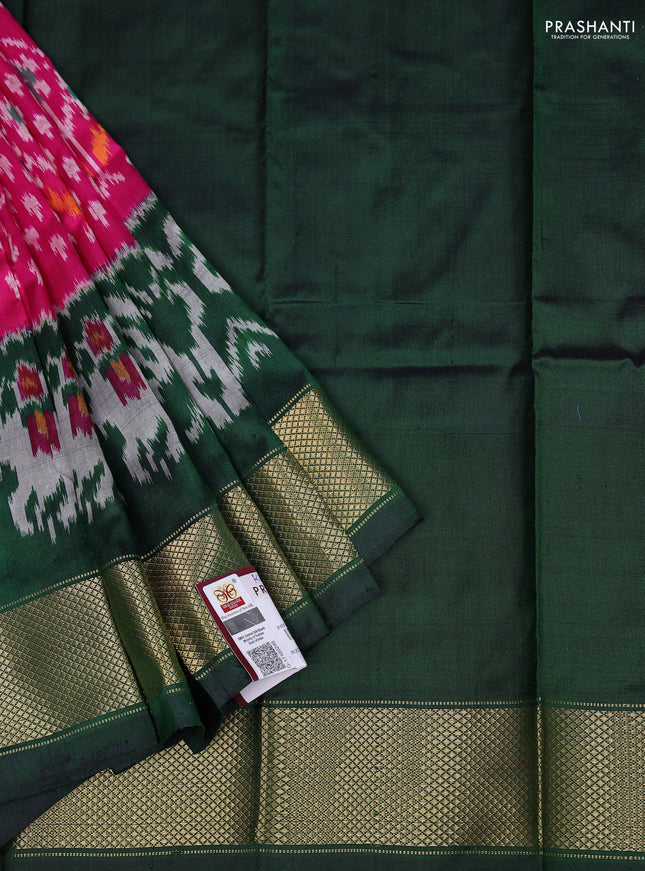 Ikat silk kids lehenga pink and green with allover ikat weaves and long ikat woven zari border