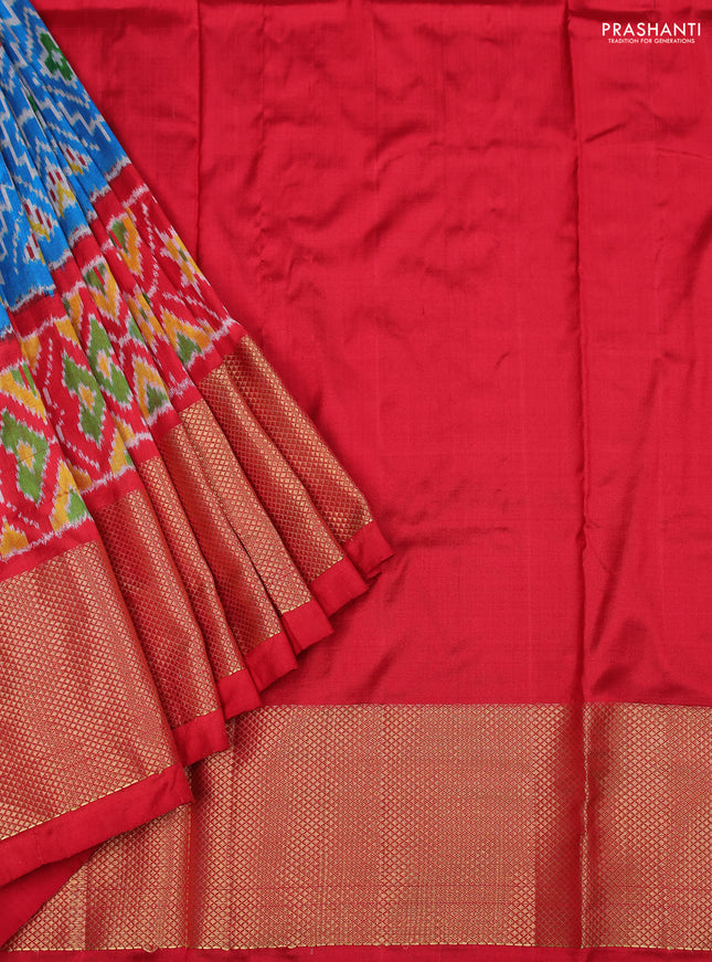 Ikat silk kids lehenga cs blue and red with allover ikat weaves and zari woven border