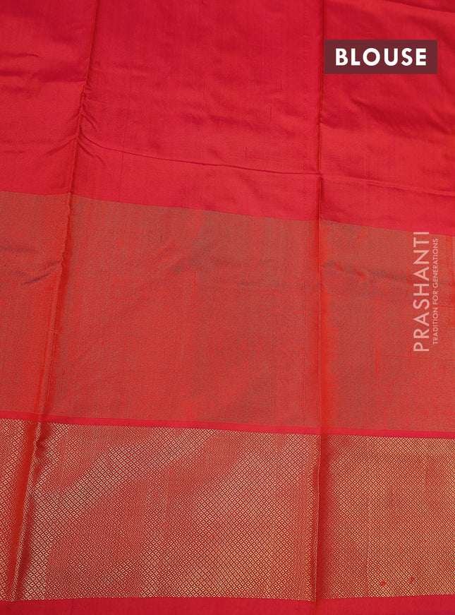 Ikat silk kids lehenga green and dual shade of pinkish orange with allover ikat weaves and long ikat woven zari border