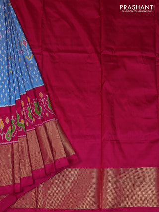 Ikat silk kids lehenga light blue and pink with allover ikat weaves and long ikat woven zari border