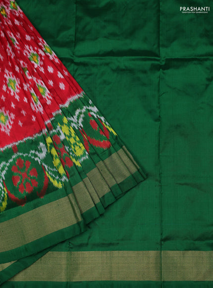 Ikat silk kids lehenga red and green with allover ikat weaves and long ikat woven zari border