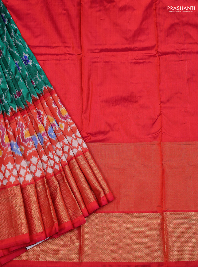 Ikat silk kids lehenga green and dual shade of pinkish orange with allover ikat weaves and long ikat woven zari border