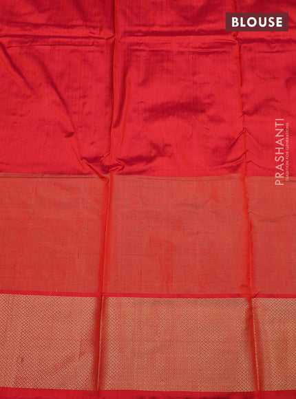 Ikat silk kids lehenga green and dual shade of pinkish orange with allover ikat weaves and long ikat woven zari border