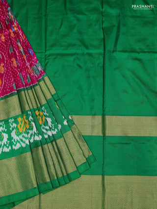 Ikat silk kids lehenga pink and green with allover ikat weaves and zari woven border