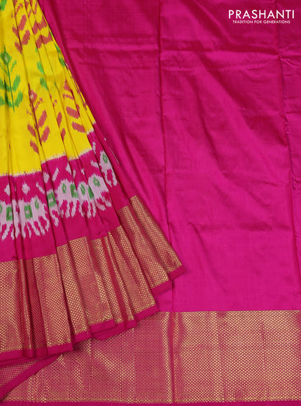 Ikat silk kids lehenga lime yellow and pink with allover ikat weaves and long ikat woven zari border