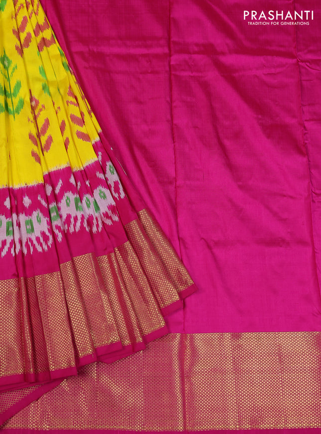 Ikat silk kids lehenga lime yellow and pink with allover ikat weaves and long ikat woven zari border