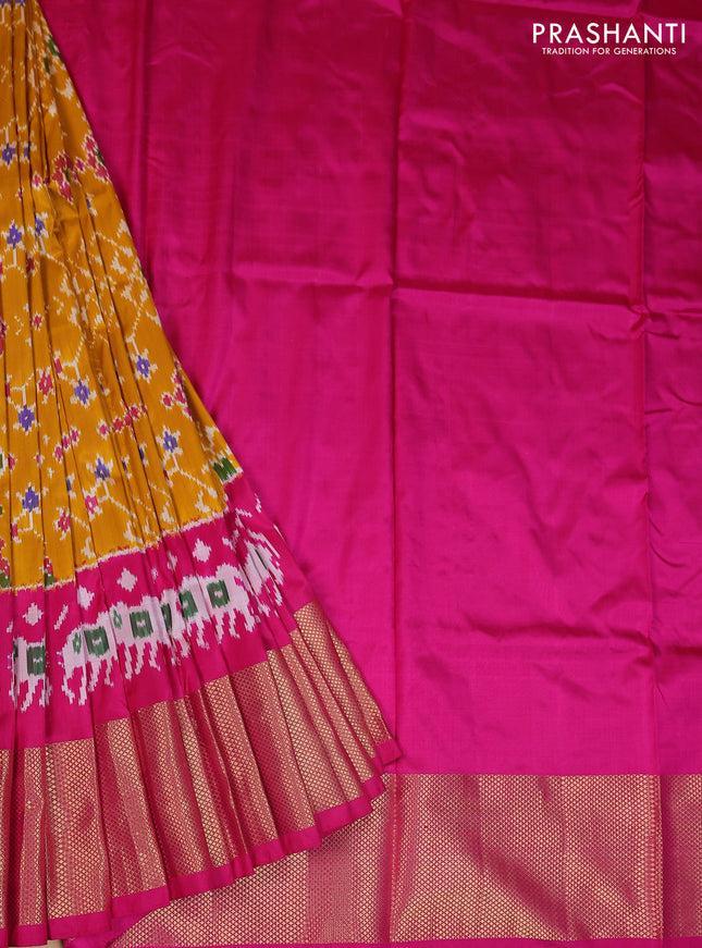 Ikat silk kids lehenga mustard yellow and pink with allover ikat weaves and zari woven border