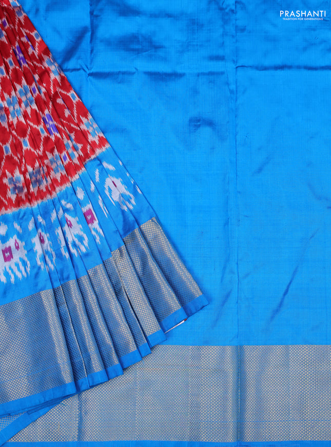 Ikat silk kids lehenga red and cs blue with allover ikat weaves and zari woven border