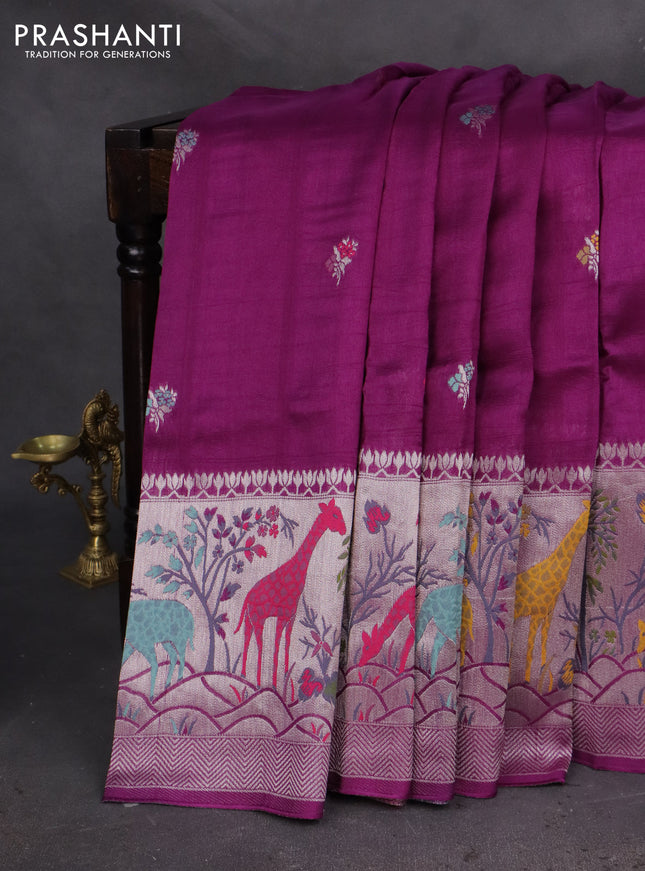 Banarasi semi raw silk saree purple with thread & silver zari buttas and long zari woven paithani style border