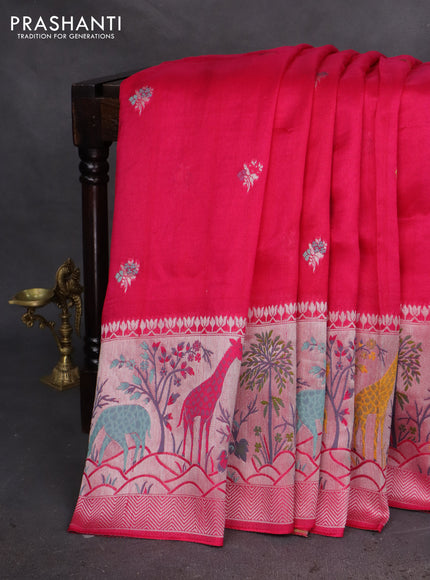 Banarasi semi raw silk saree pink with thread & silver zari buttas and long zari woven paithani style border