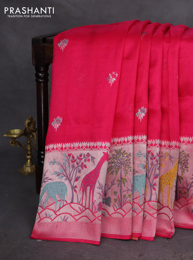 Banarasi semi raw silk saree pink with thread & silver zari buttas and long zari woven paithani style border