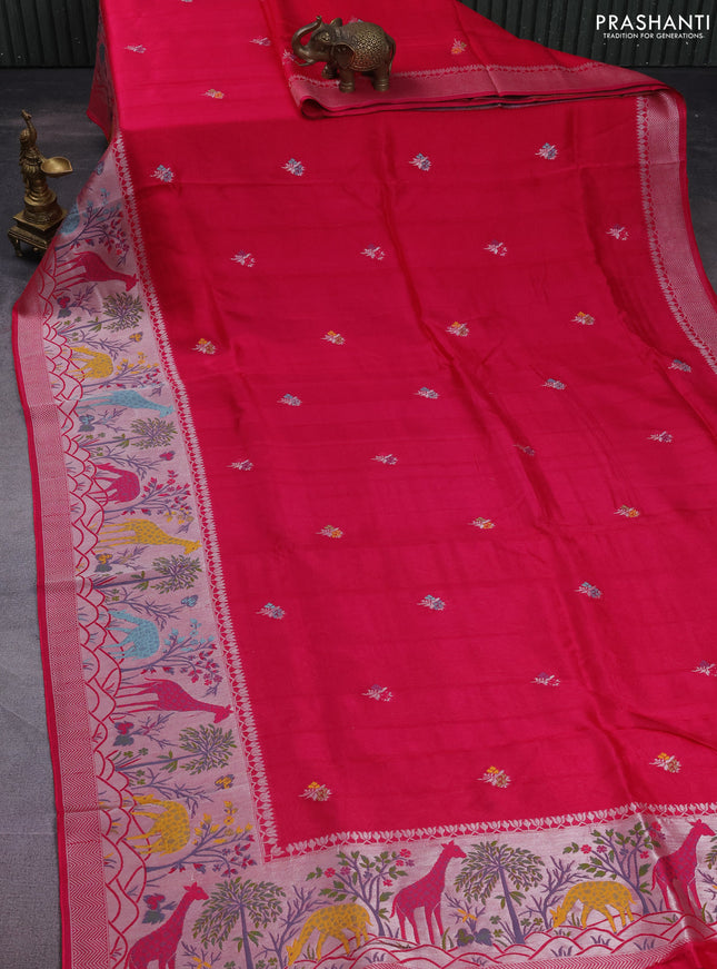 Banarasi semi raw silk saree pink with thread & silver zari buttas and long zari woven paithani style border