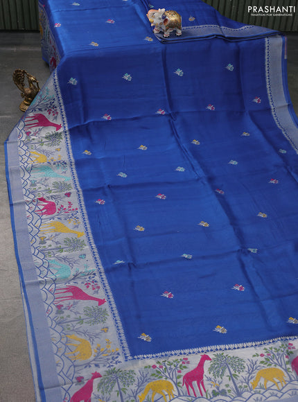 Banarasi semi raw silk saree blue with thread & silver zari buttas and long zari woven paithani style border