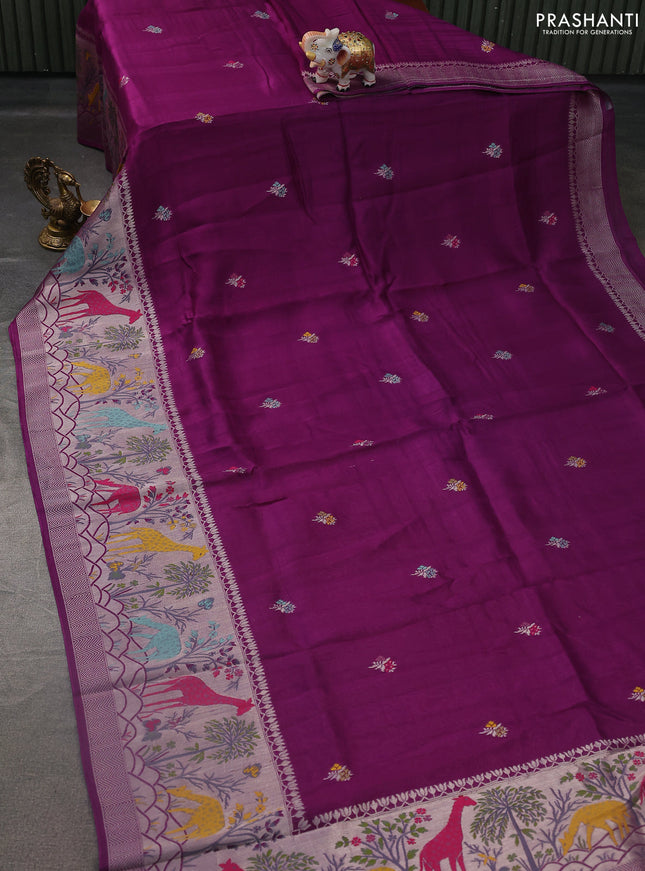 Banarasi semi raw silk saree purple with thread & silver zari buttas and long zari woven paithani style border