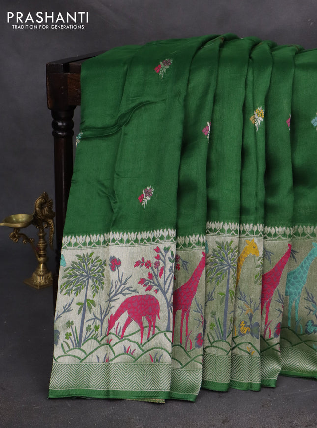 Banarasi semi raw silk saree green with thread & silver zari buttas and long zari woven paithani style border