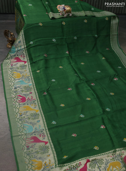 Banarasi semi raw silk saree green with thread & silver zari buttas and long zari woven paithani style border