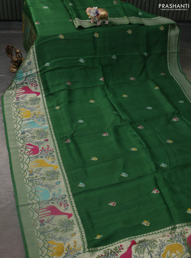 Banarasi semi raw silk saree green with thread & silver zari buttas and long zari woven paithani style border