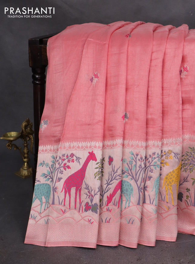 Banarasi semi raw silk saree peach shade with thread & silver zari buttas and long zari woven paithani style border