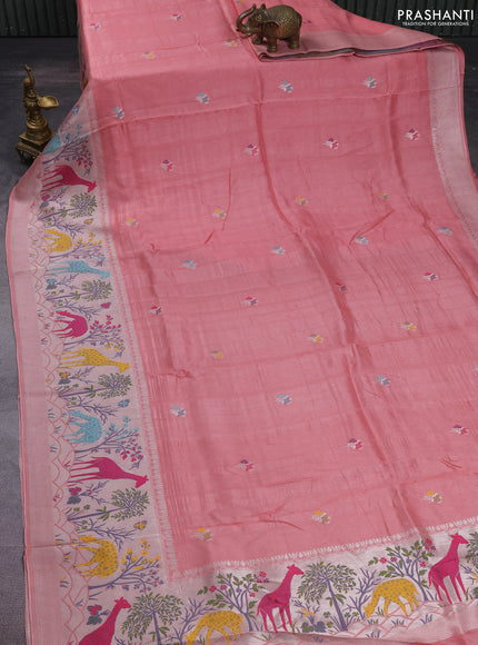 Banarasi semi raw silk saree peach shade with thread & silver zari buttas and long zari woven paithani style border