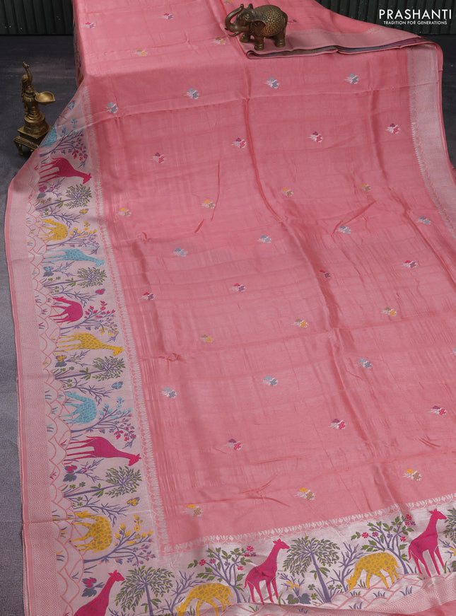 Banarasi semi raw silk saree peach shade with thread & silver zari buttas and long zari woven paithani style border