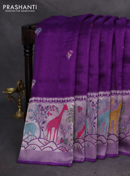 Banarasi semi raw silk saree violet with thread & silver zari buttas and long zari woven paithani style border