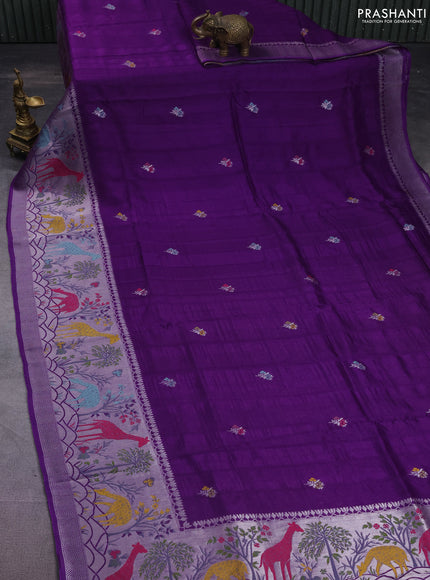 Banarasi semi raw silk saree violet with thread & silver zari buttas and long zari woven paithani style border