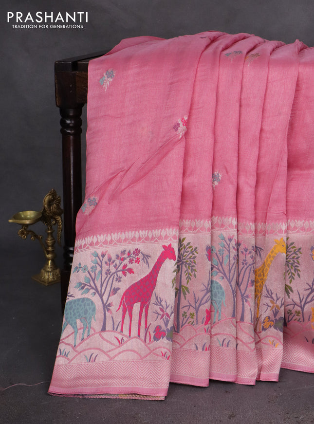 Banarasi semi raw silk saree pastel pink with thread & silver zari buttas and long zari woven paithani style border
