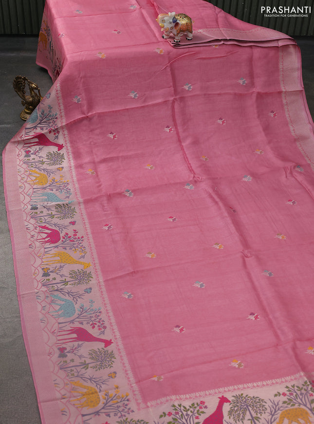 Banarasi semi raw silk saree pastel pink with thread & silver zari buttas and long zari woven paithani style border