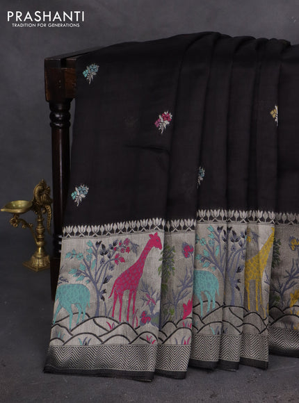 Banarasi semi raw silk saree black with thread & silver zari buttas and long zari woven paithani style border