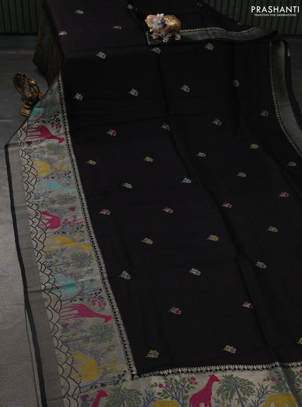 Banarasi semi raw silk saree black with thread & silver zari buttas and long zari woven paithani style border